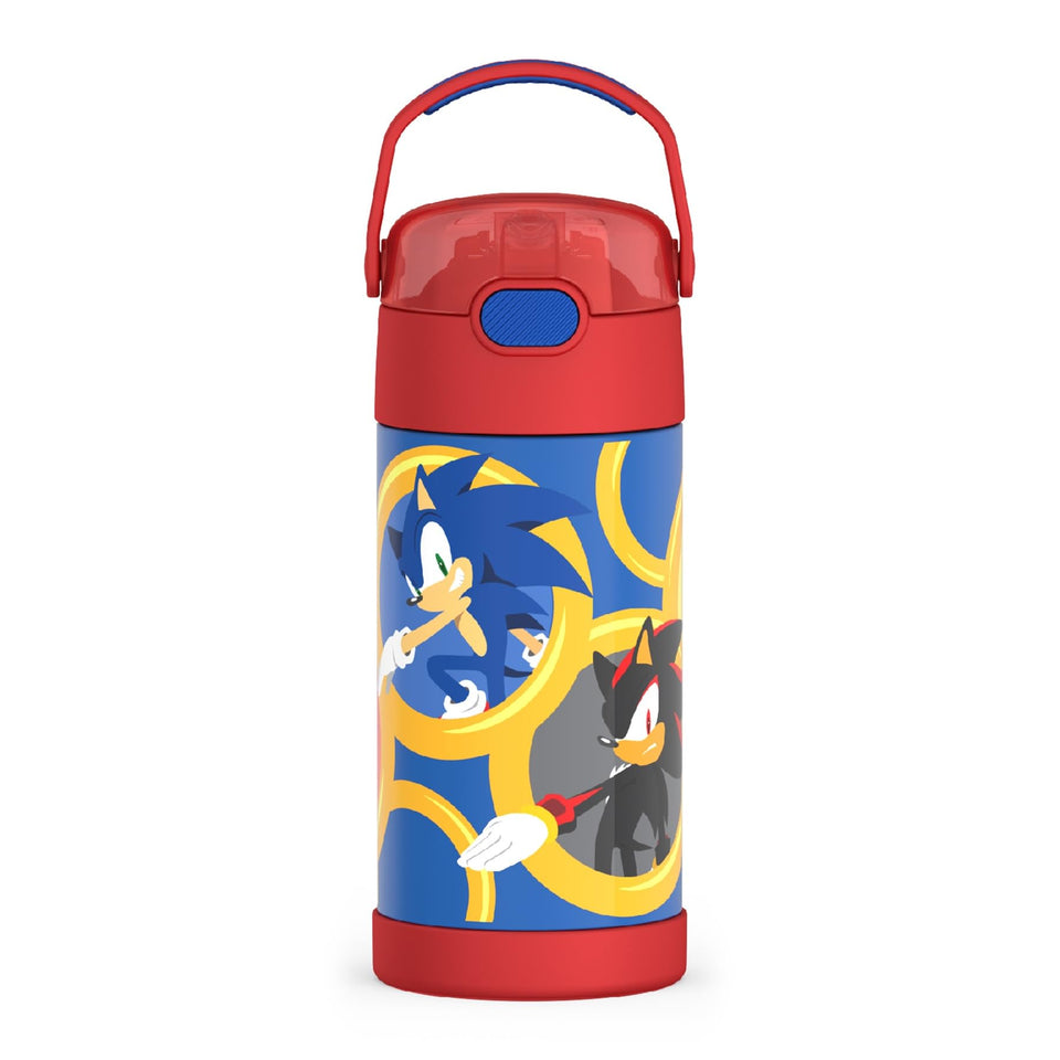 THERMOS FUNTAINER Sonic the Hedgehog bottle shows 12 oz capacity for kid-friendly hydration on the go.