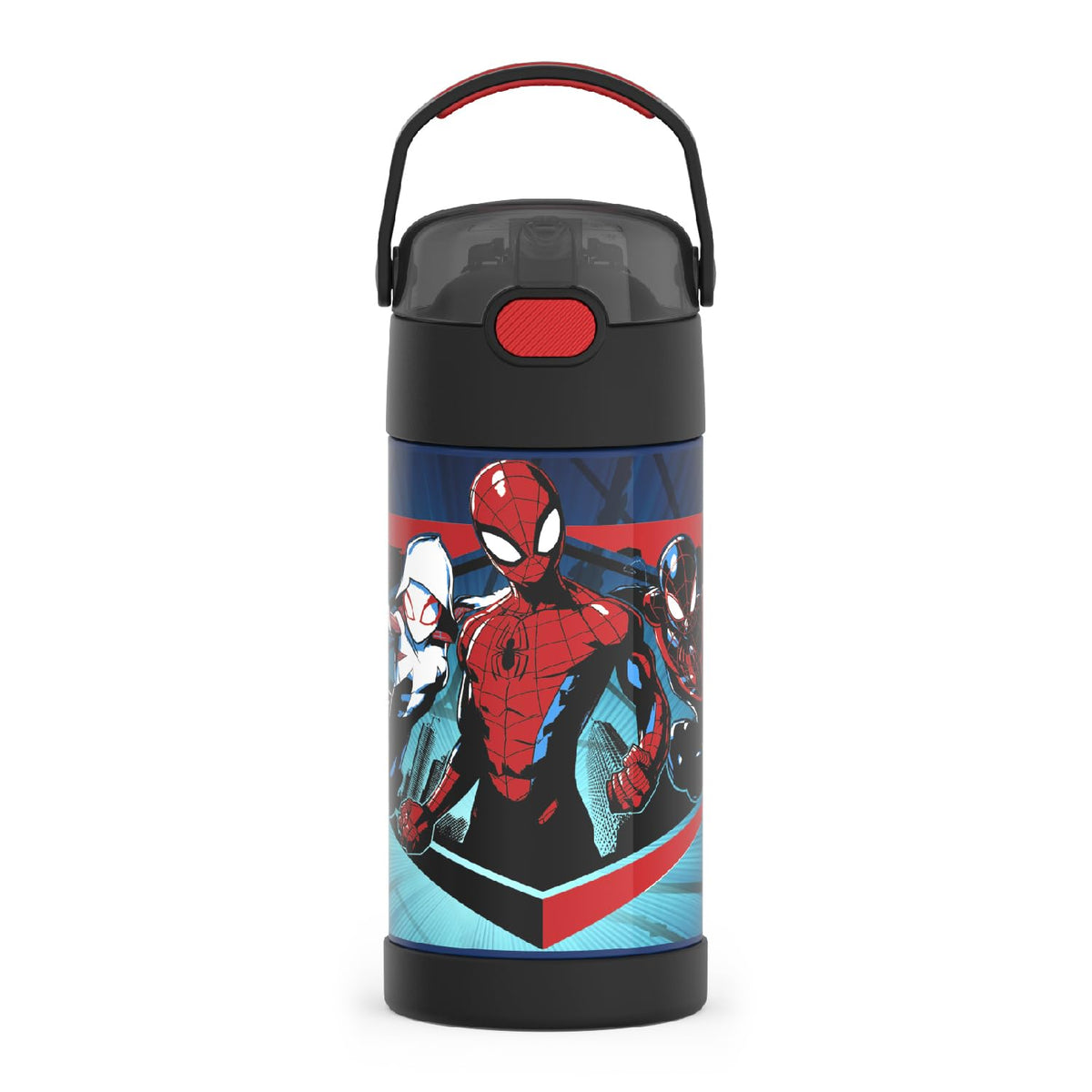 THERMOS FUNtainer Spider-Man bottle with straw keeps drinks cold for hours.