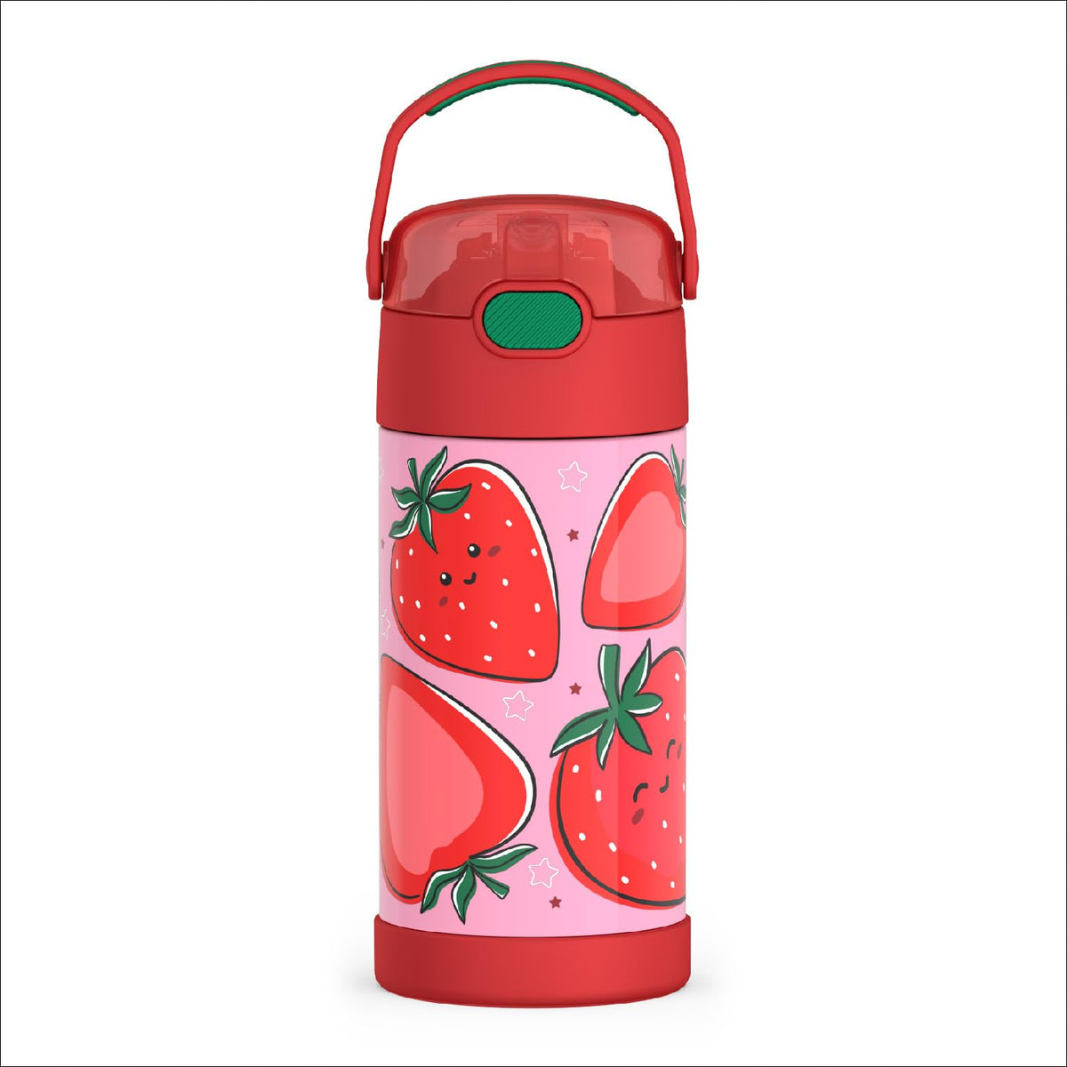 THERMOS FUNTAINER 12oz straw bottle for kids keeps drinks cold for hours.