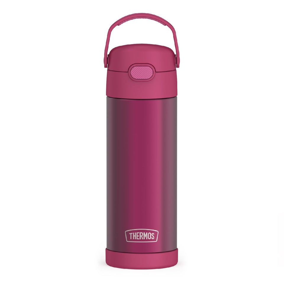 THERMOS FUNTAINER 16-ounce bottle in dark pink with sturdy handle for easy transport, ideal for school.