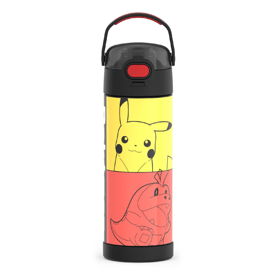 THERMOS Funtainer 16-ounce bottle with wide-spout lid keeps drinks cold for kids.