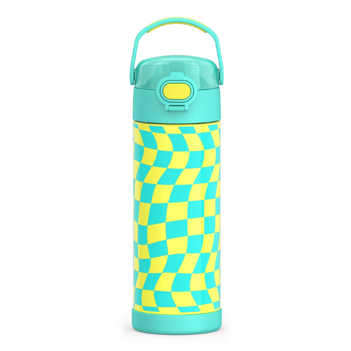 THERMOS FUNTAINER 16-ounce bottle with teal wide-spout keeps drinks cold on the go.