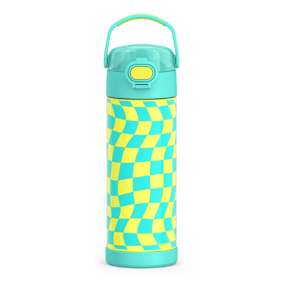 THERMOS FUNTAINER 16-ounce bottle with teal wide-spout keeps drinks cold on the go.