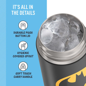 THERMOS FUNTainer 16oz Batman bottle with carry handle for easy transport.