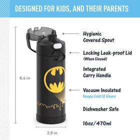 THERMOS FUNTainer 16oz Batman bottle shows durable stainless steel for daily adventures.
