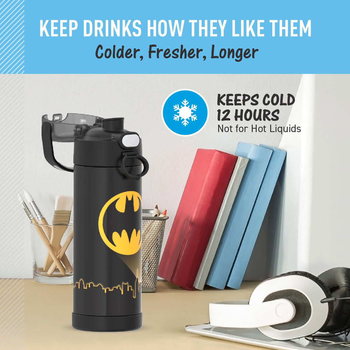 THERMOS FUNTainer Batman bottle’s hygienic spout helps keep germs away.