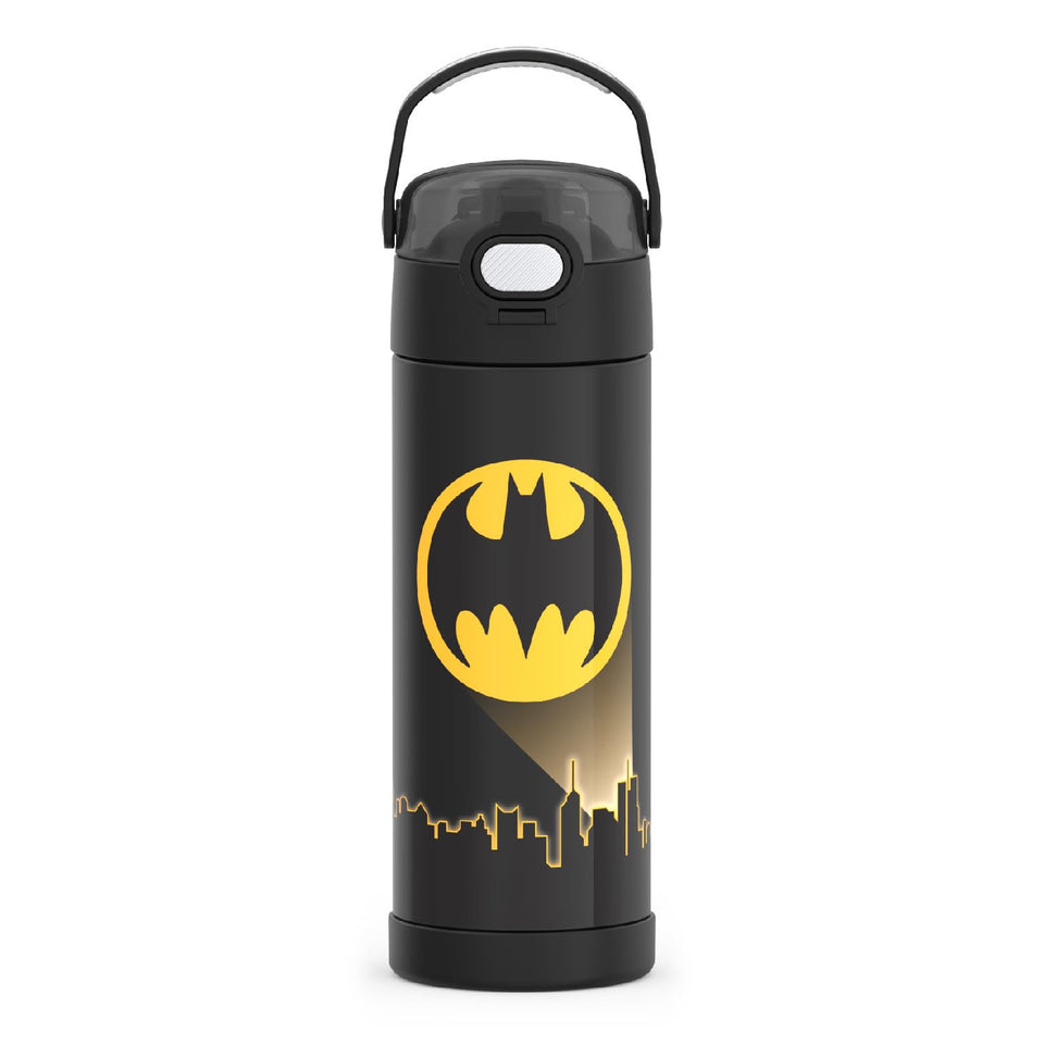 THERMOS FUNTainer Batman bottle with wide-spout lid, easy for kids to sip.