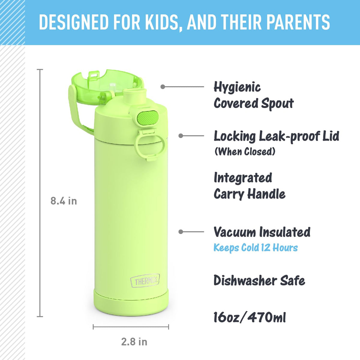 THERMOS FUNtainer 16oz bottle's durable stainless steel withstands drops and rough play.