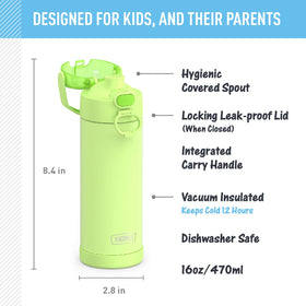 THERMOS FUNtainer 16oz bottle's durable stainless steel withstands drops and rough play.