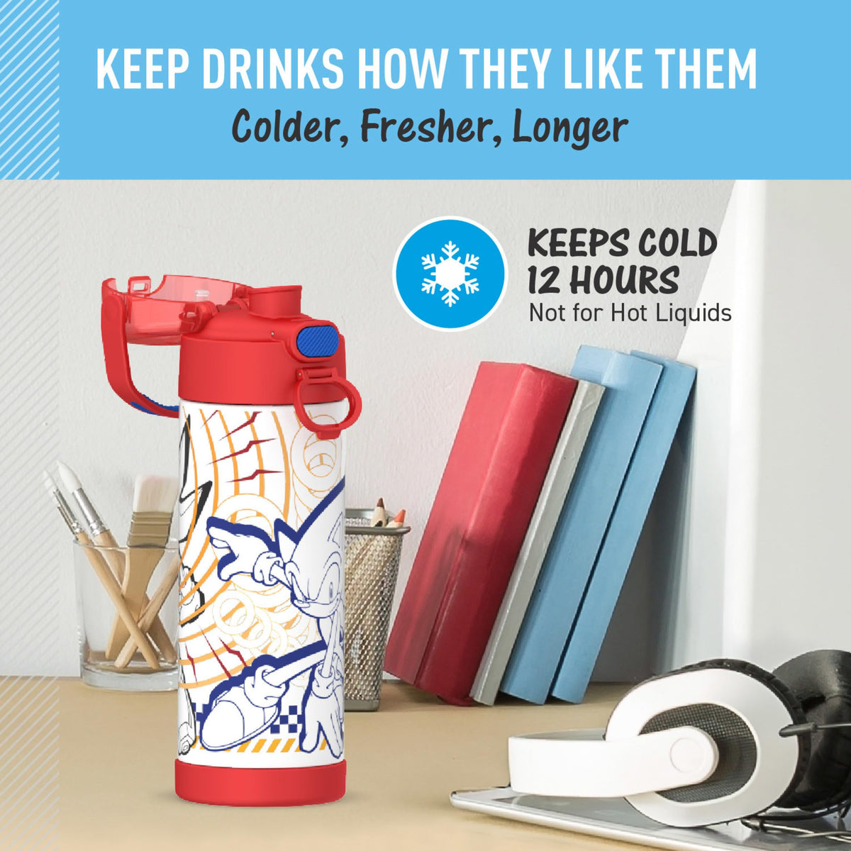 THERMOS FUNTAINER 16oz bottle; hygienically covered spout reduces germ exposure.