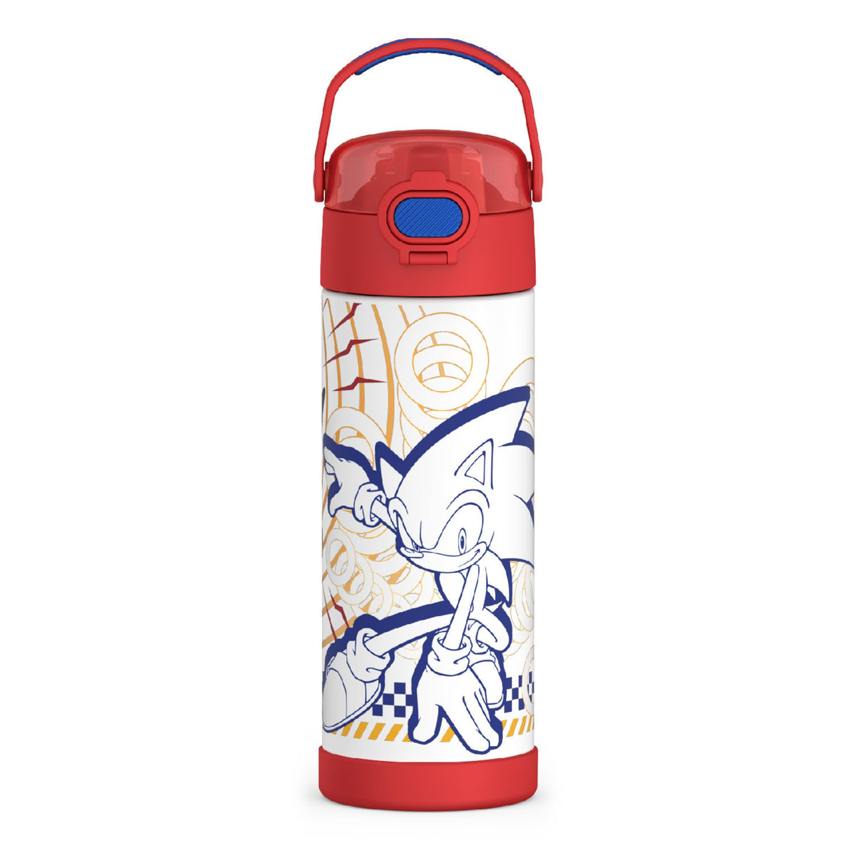 THERMOS FUNTAINER 16oz bottle side view; rugged stainless steel keeps drinks cold for school and play.