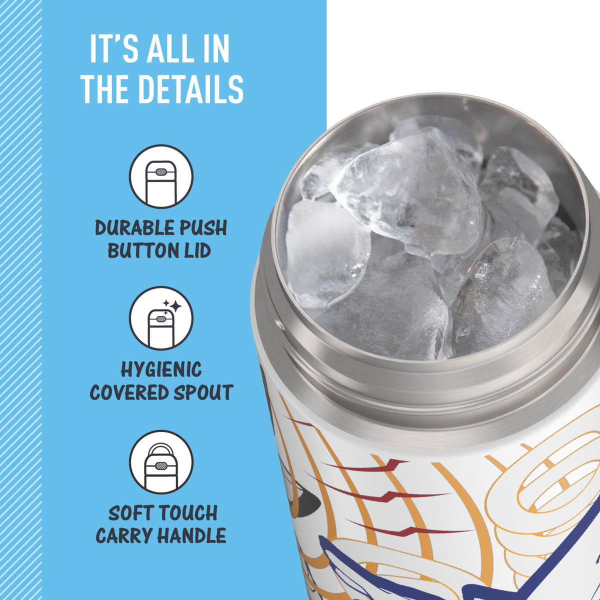THERMOS FUNTAINER 16oz bottle; soft-touch carry handle supports on-the-go hydration.