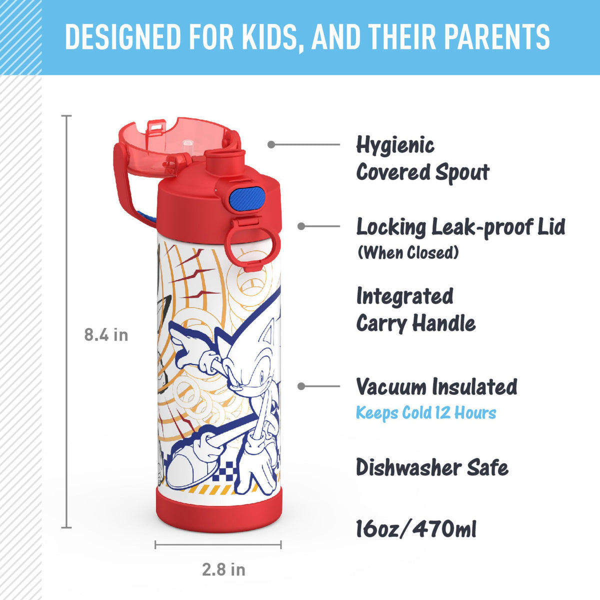 THERMOS FUNTAINER 16oz bottle with spout lid; easy one-handed use for kids.