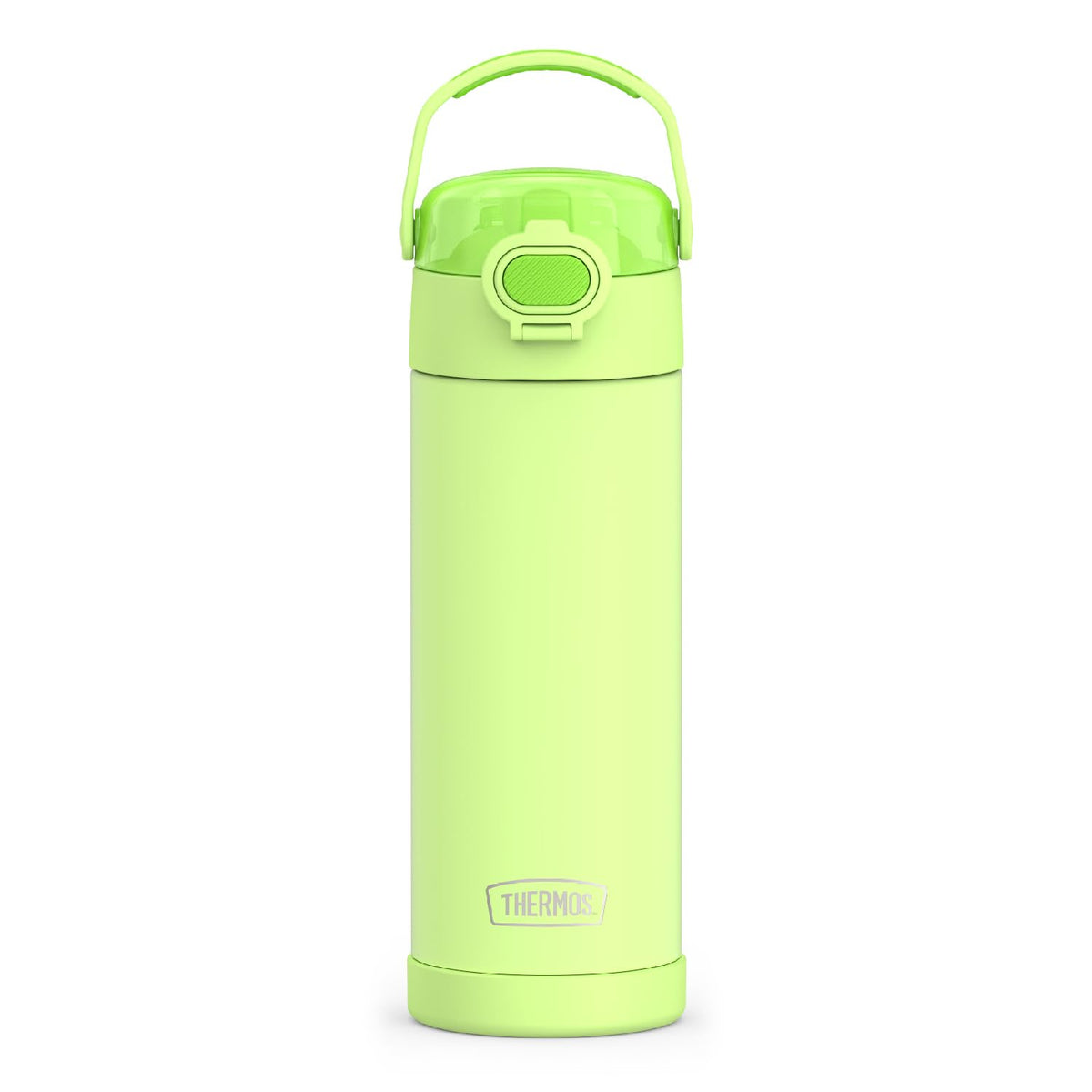 Thermos FUNtainer 16oz bottle with wide spout lid in neon lime keeps drinks cool on the go.