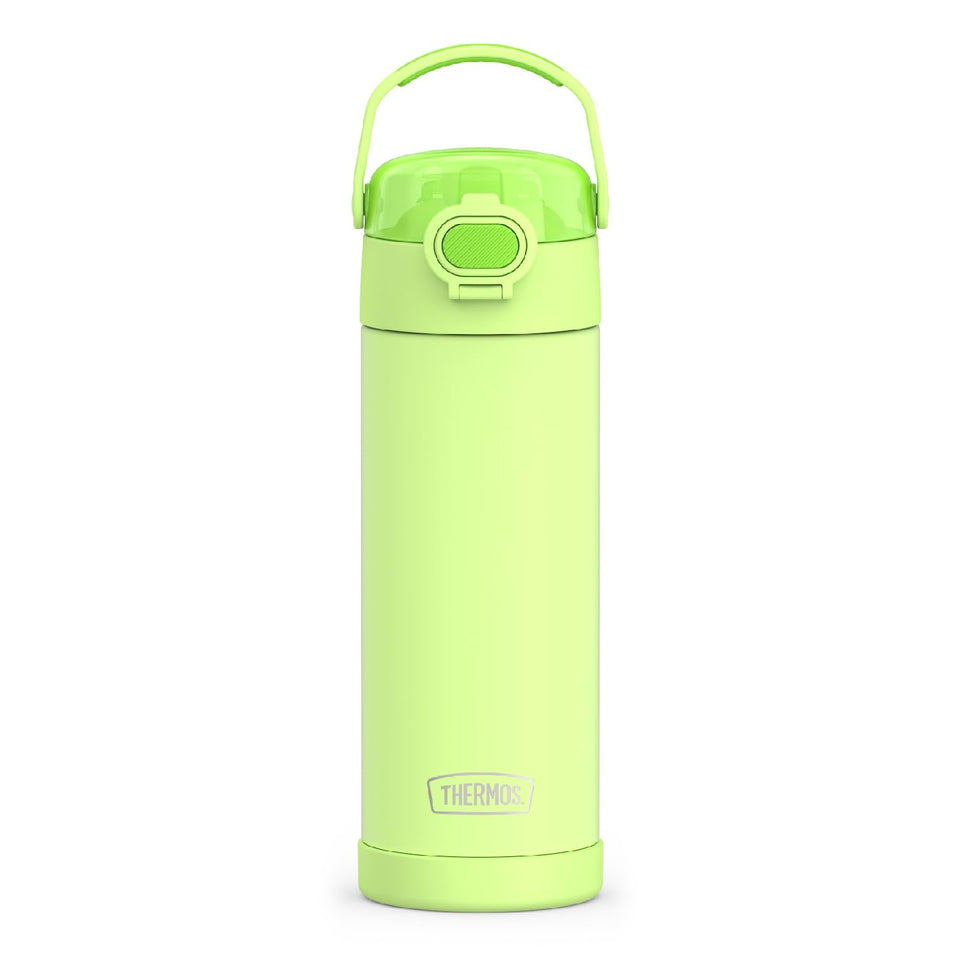 Thermos FUNtainer 16oz bottle with wide spout lid in neon lime keeps drinks cool on the go.
