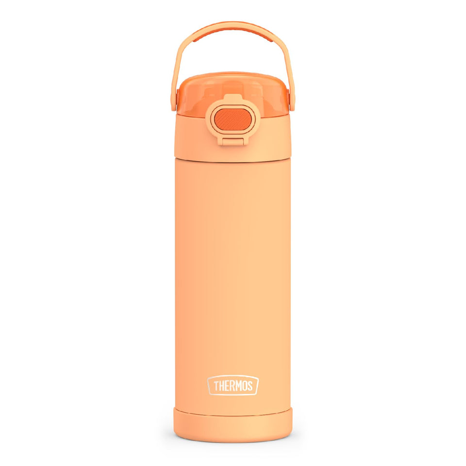 THERMOS FUNTAINER 16oz bottle with wide spout lid keeps kids' drinks cool.