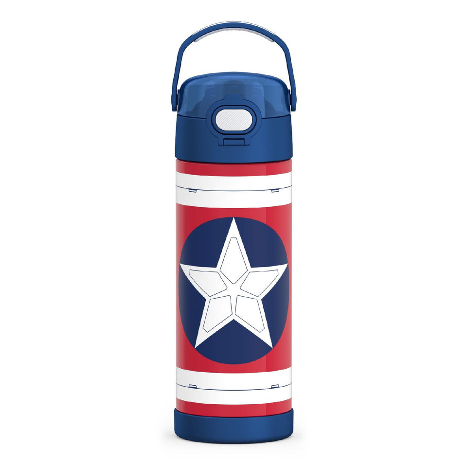 THERMOS FUNTAINER 16oz Captain America front view shows durable stainless steel for kids' daily adventures