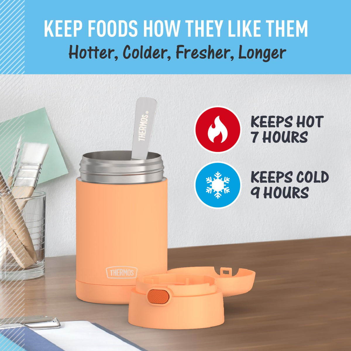 Dishwasher-safe lid and neon orange body of THERMOS FUNTAINER 16oz