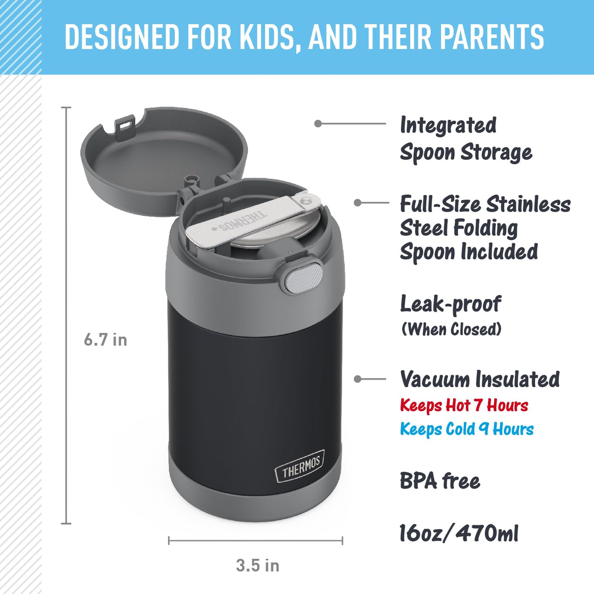 THERMOS FUNTAINER 16oz foldable-spoon visible inside lid for on-the-go meals.
