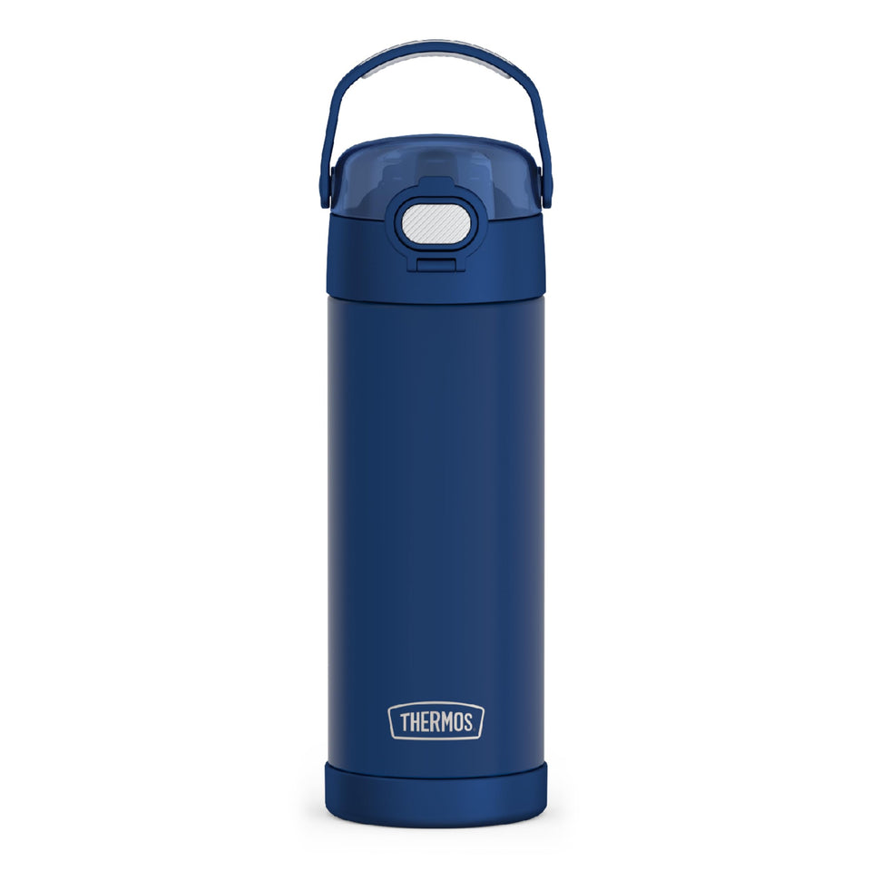 THERMOS FUNTAINER 16 oz navy bottle side view, keeps drinks cold for hours.