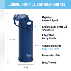 THERMOS FUNTAINER wide spout lid close-up for easy sip and pour.
