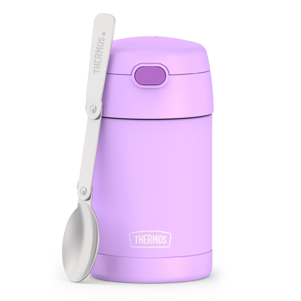 THERMOS FUNTainer 16oz neon purple bottle front view, durable for daily school use.