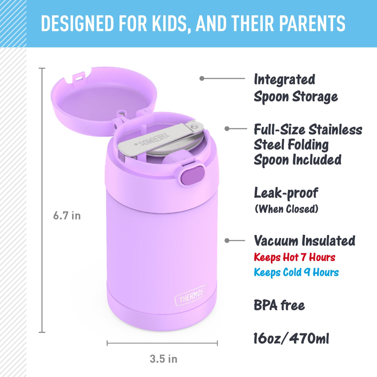 THERMOS FUNTainer 16oz neon purple lid open with folding spoon, convenient for on-the-go meals.