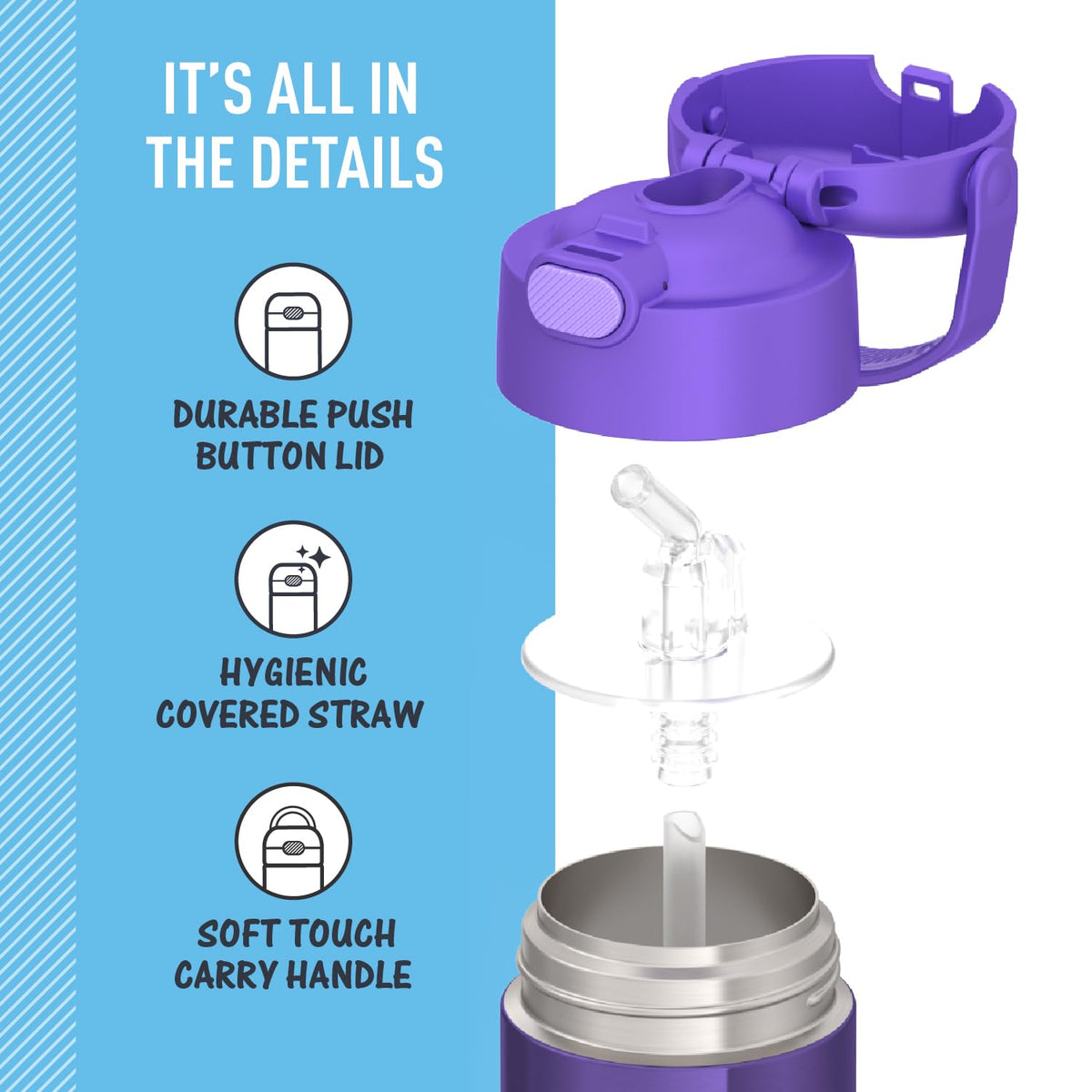 THERMOS FUNtainer stainless steel body resists drops and dings