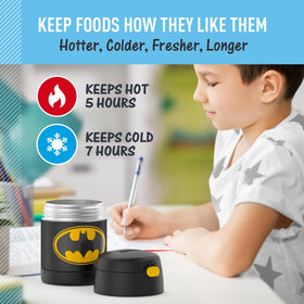 THERMOS FUNtainer Batman 10oz kid-friendly design with colorful patterns appeals to kids.