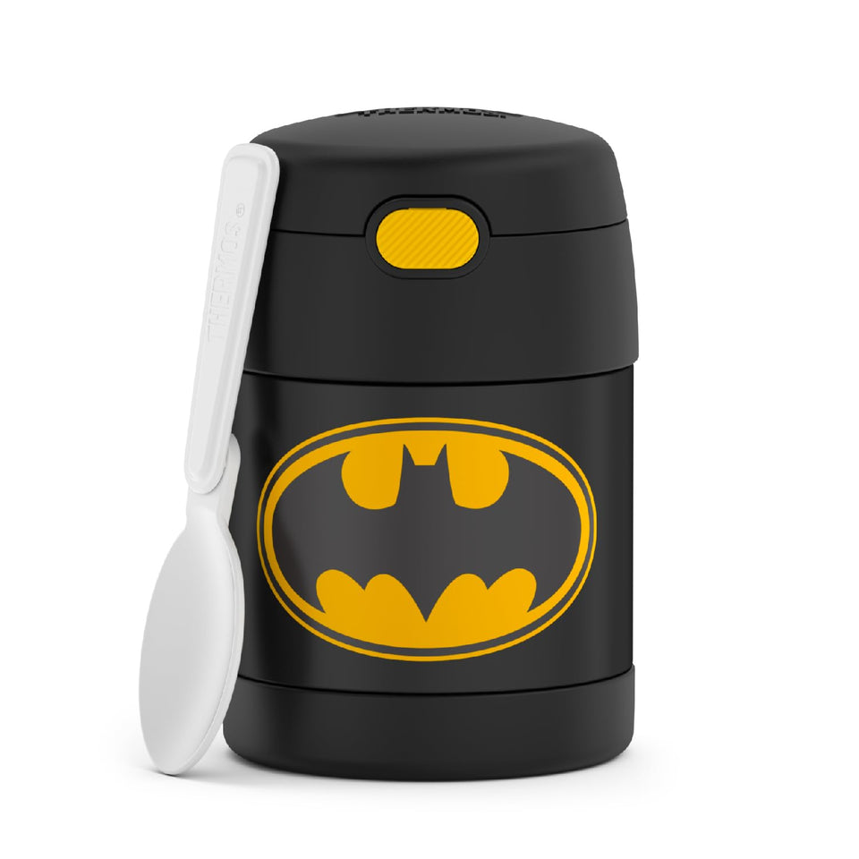 THERMOS FUNtainer Batman 10oz lid image showing easy push-button access for kids.