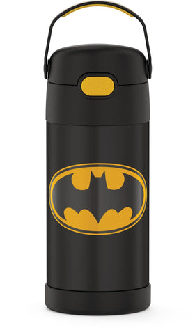 THERMOS FUNtainer Batman 12oz bottle with straw keeps drinks cold for kids.