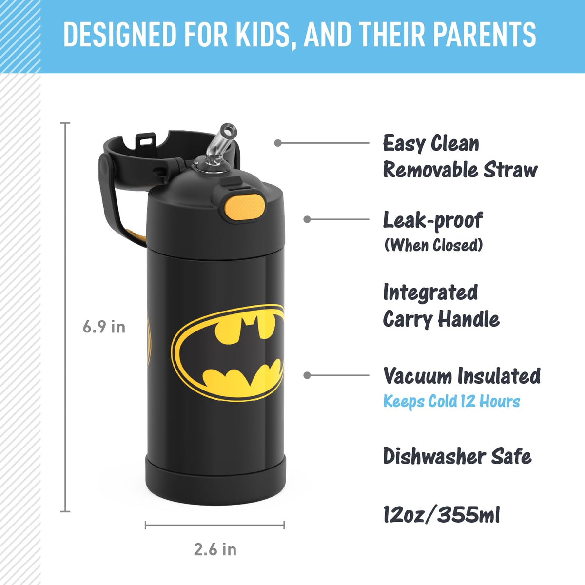 THERMOS FUNtainer Batman straw close-up highlighting hygienic design.