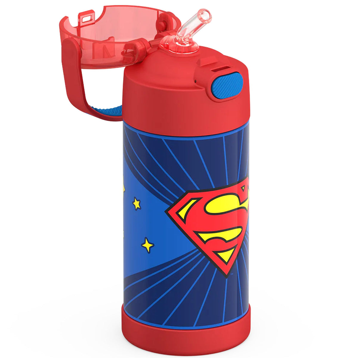 THERMOS FUNtainer bottle carry handle close-up shows soft-touch grip for kids