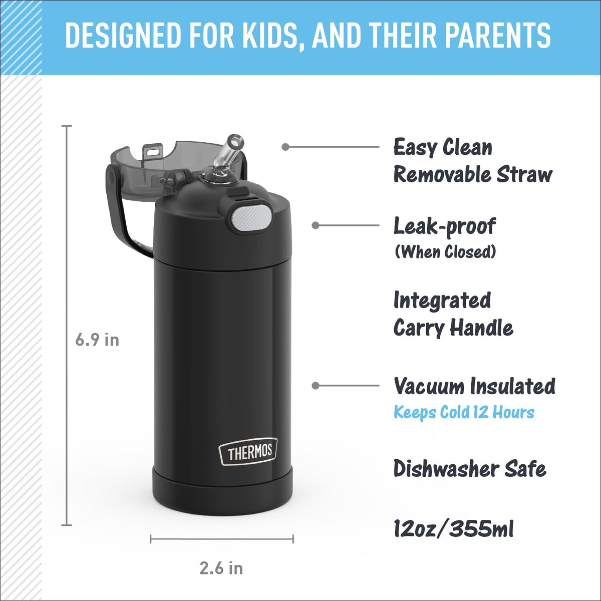 Thermos FUNtainer bottle lid push-button, easy one-handed opening for active kids.