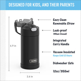 Thermos FUNtainer bottle lid push-button, easy one-handed opening for active kids.