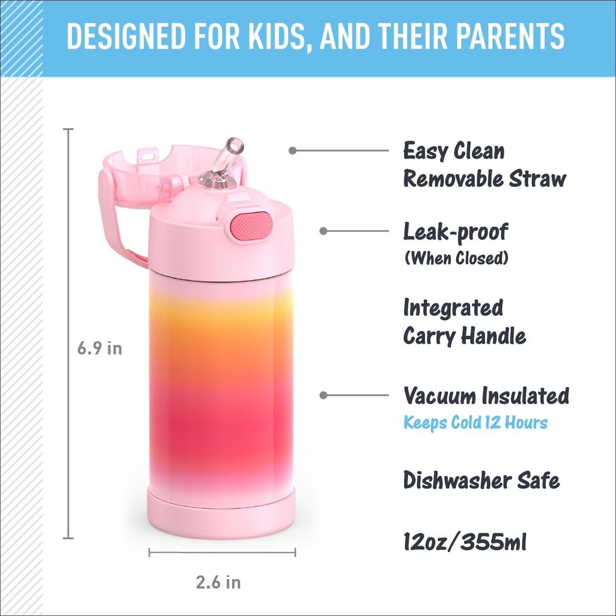 THERMOS FUNTainer bottle push-button lid enables easy opening for smaller hands.