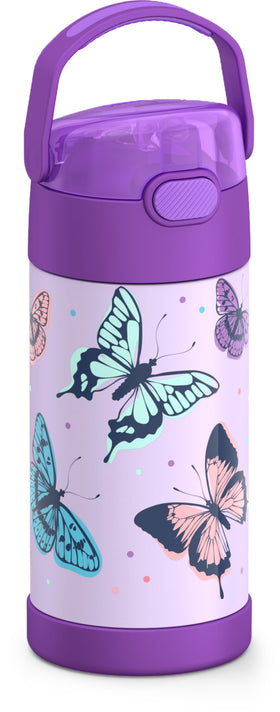 THERMOS FUNtainer Butterfly Frenzy bottle front view, durable stainless steel keeps drinks cold.
