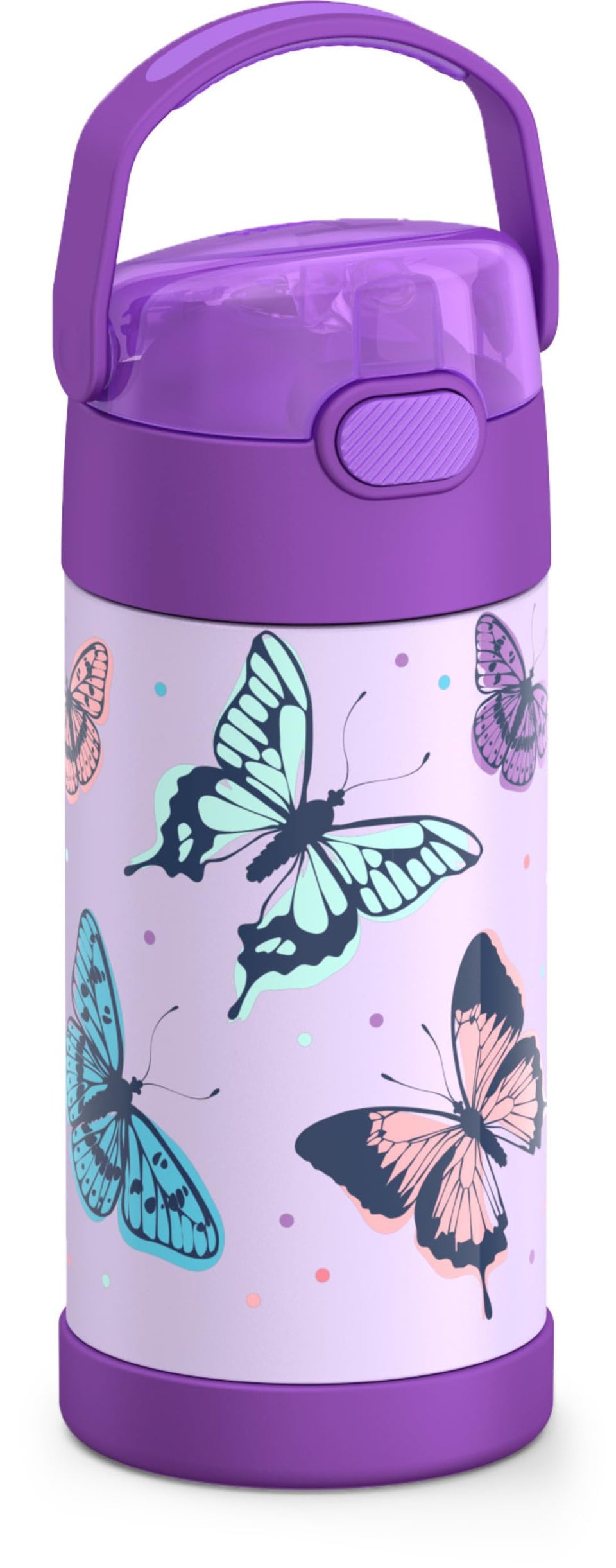THERMOS FUNtainer Butterfly Frenzy bottle front view, durable stainless steel keeps drinks cold.