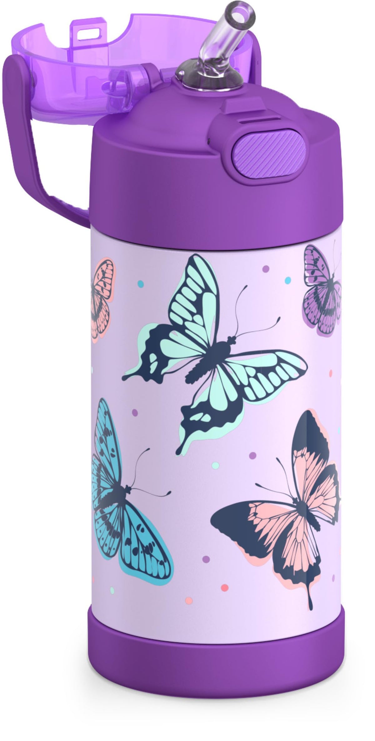 THERMOS FUNtainer Butterfly Frenzy lid, easy push-button access for quick hydration.