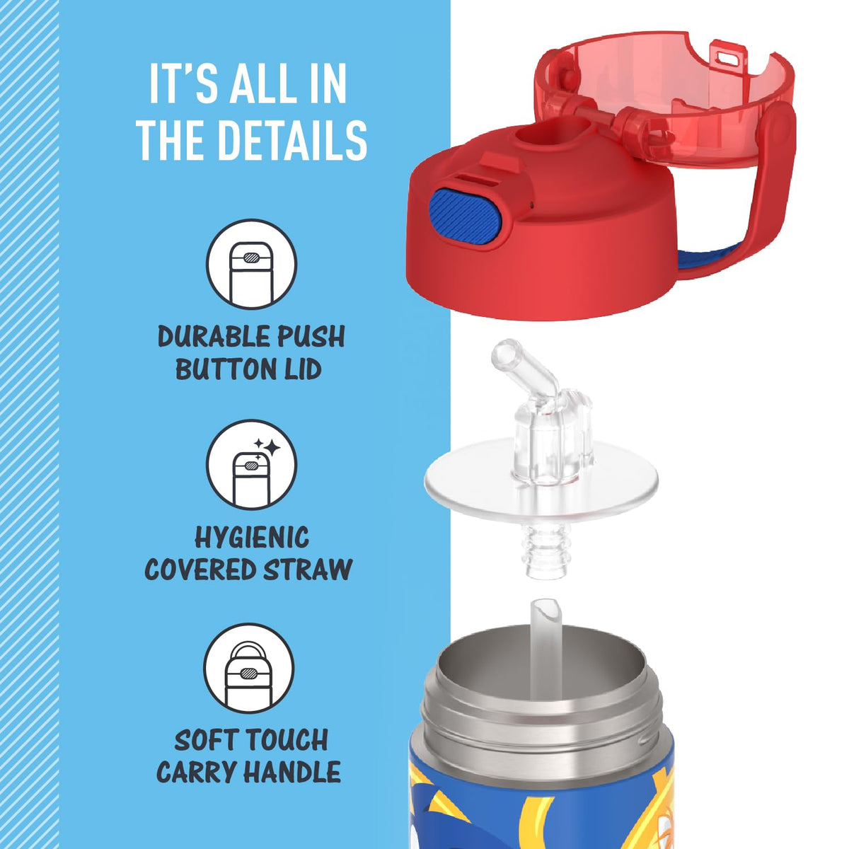 THERMOS FUNTAINER integrated carry handle with soft-touch grip makes it easy to carry.