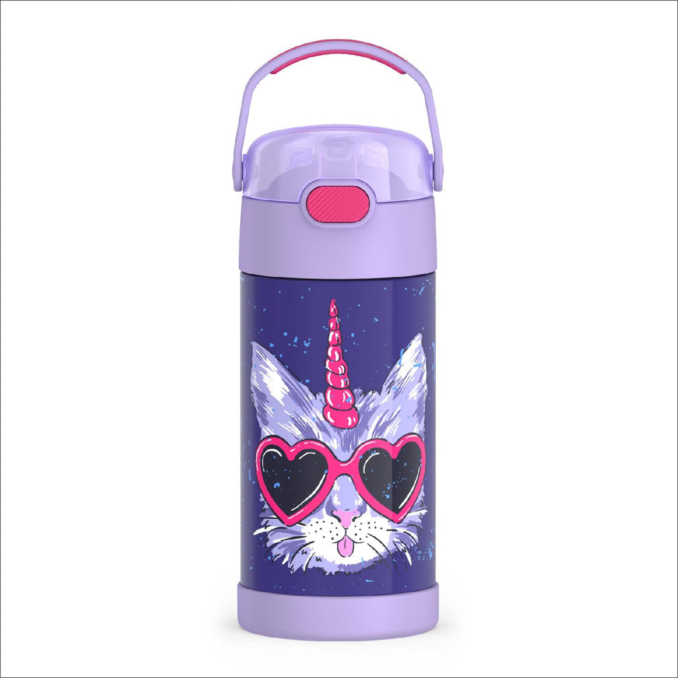 THERMOS FUNTAINER caticorns bottle keeps kids hydrated with a playful pattern.