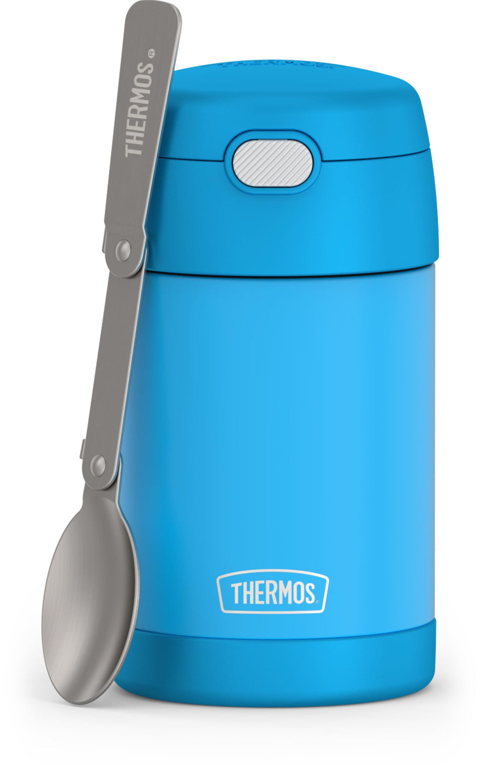 THERMOS Funtainer denim blue open lid with foldable spoon for easy school lunches.