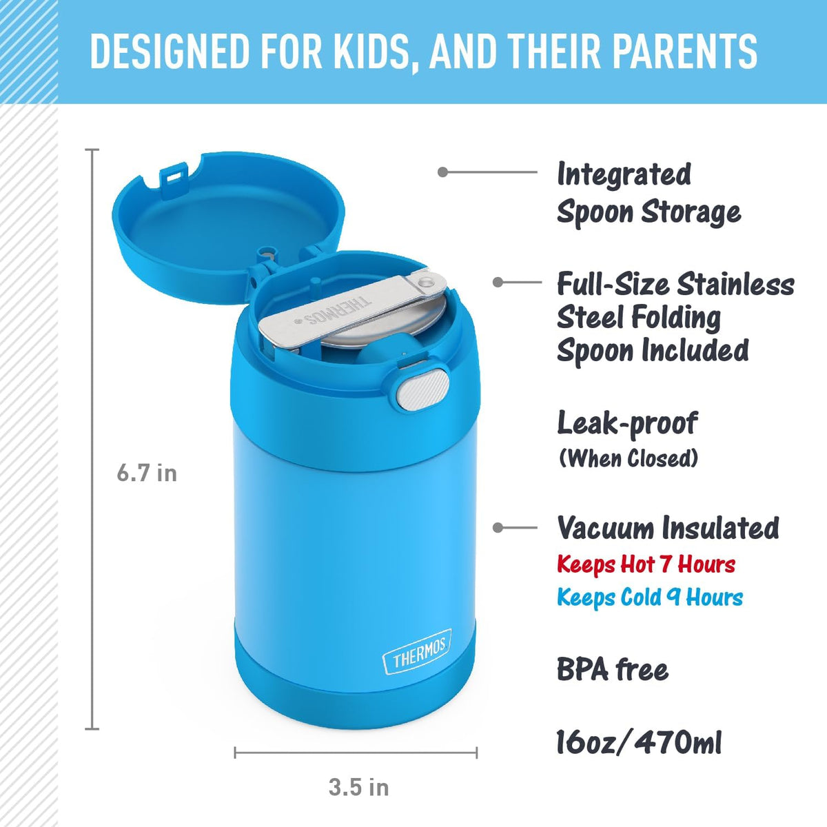 THERMOS Funtainer denim blue compact lunch jar ready for kids' cold snacks.