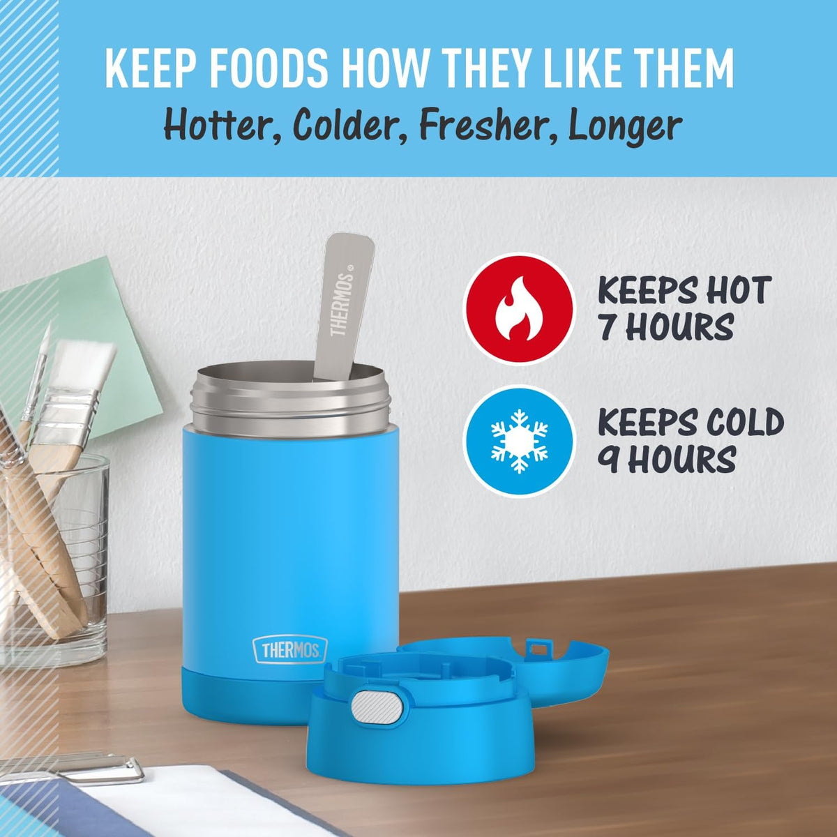 THERMOS Funtainer denim blue vacuum-insulated body keeps meals hot or cold.