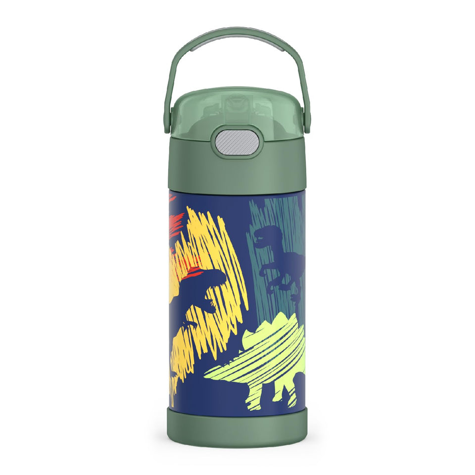 THERMOS FUNtainer dinosaur bottle front view keeps drinks cold for kids at school