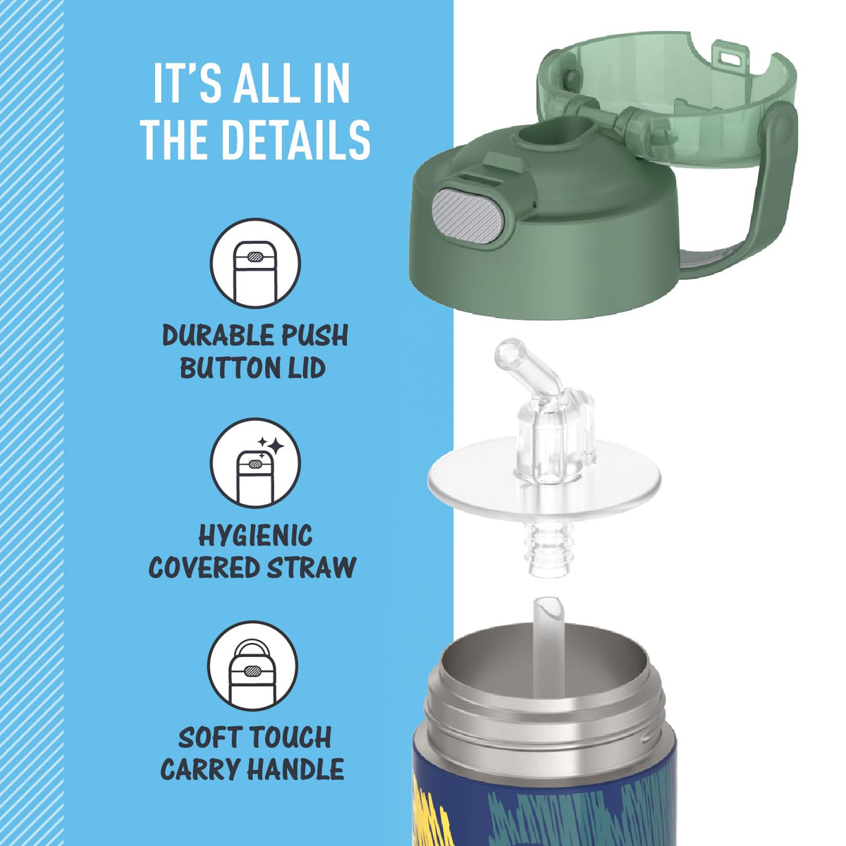 THERMOS FUNtainer dinosaur bottle with handle supports small hands during transport