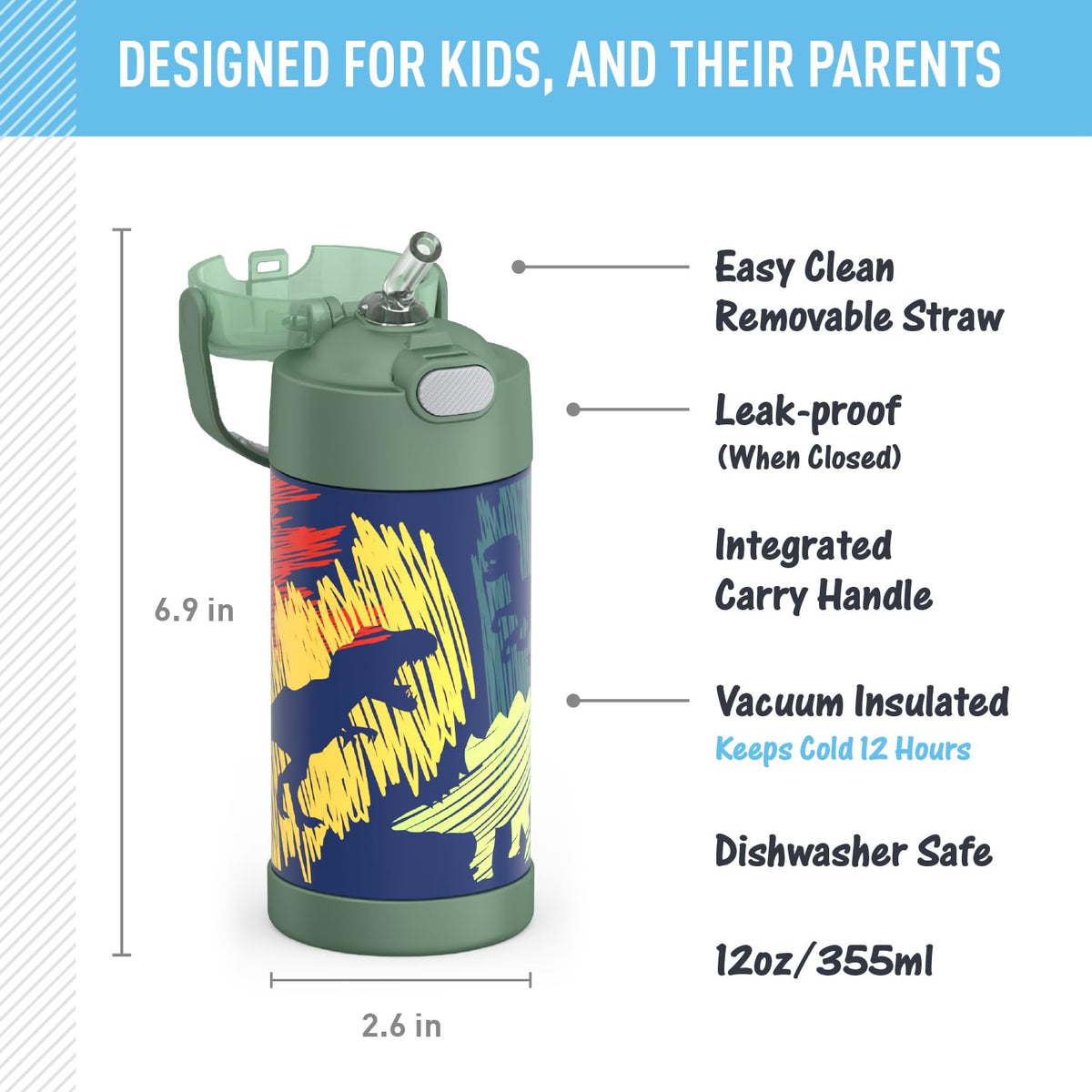 THERMOS FUNtainer dinosaur bottle side view compact durable steel for daily use