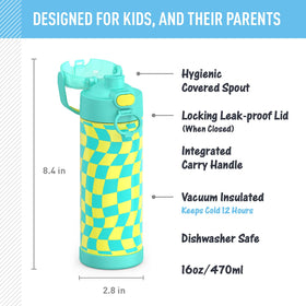 THERMOS FUNTAINER teal bottle shows dishwasher-safe design for quick cleanup after school.