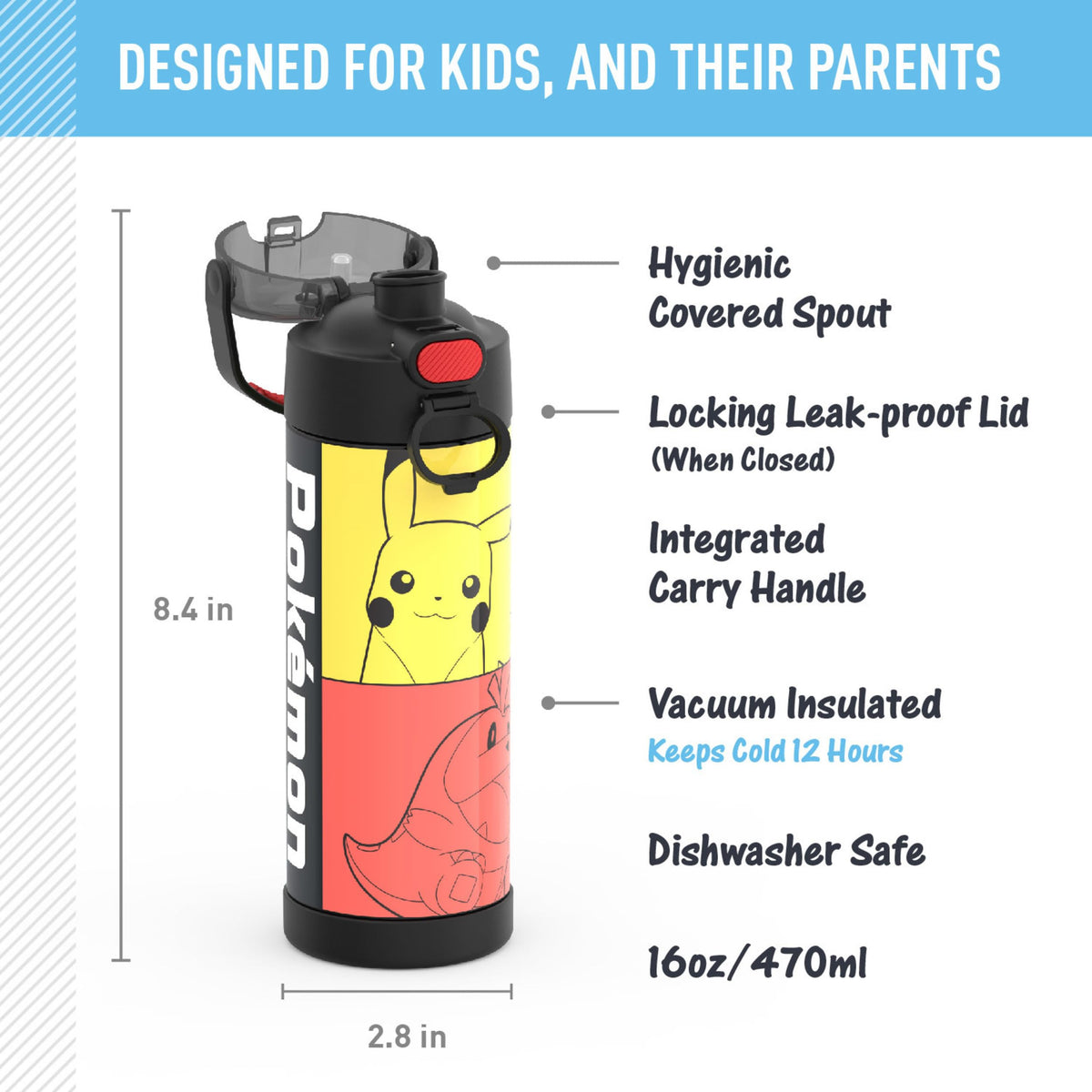 THERMOS Funtainer bottle's durable 18/8 stainless steel construction endures drops.