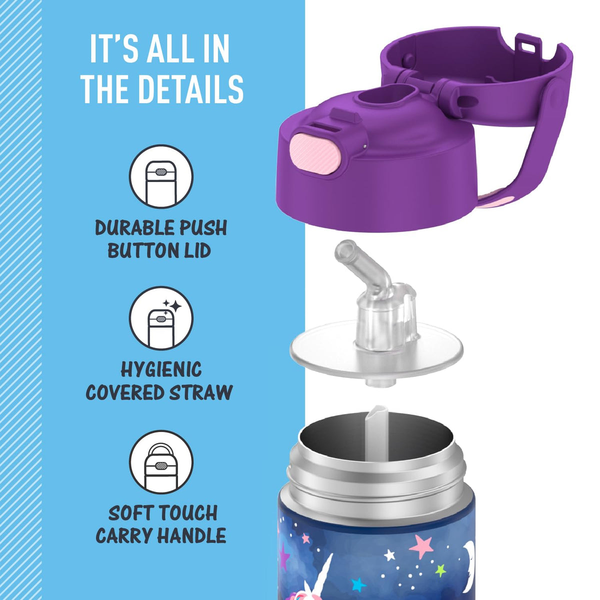 THERMOS FUNTAINER durable-18-8-stainless-steel-space-unicorn withstands drops during daily play.
